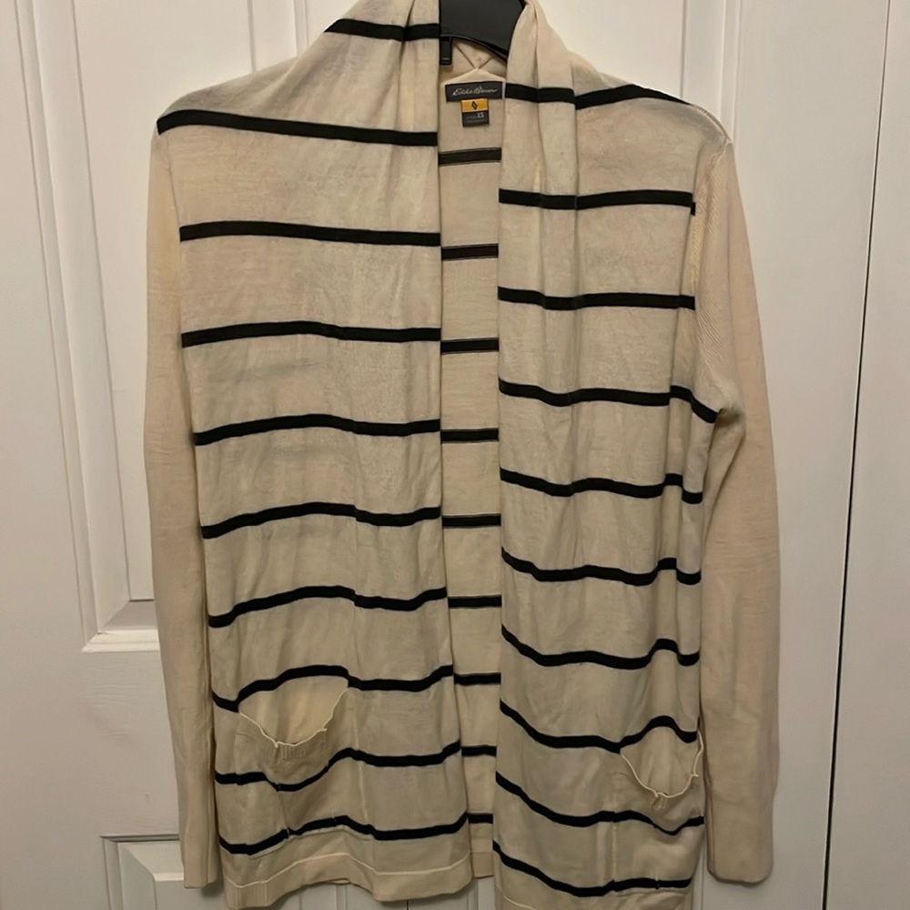 Eddie Bauer Sz XS Striped open front Cardigan Sweater Pockets B5